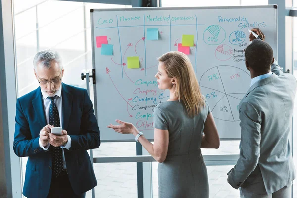 Hommes d'affaires multiethniques travaillant au tableau blanc tandis que l'homme d'affaires senior en utilisant smartphone — Photo de stock