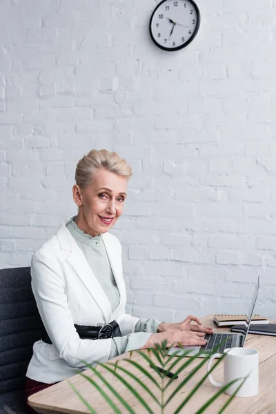 Елегантна усміхнена бізнес-леді використовує ноутбук в сучасному офісі — стокове фото