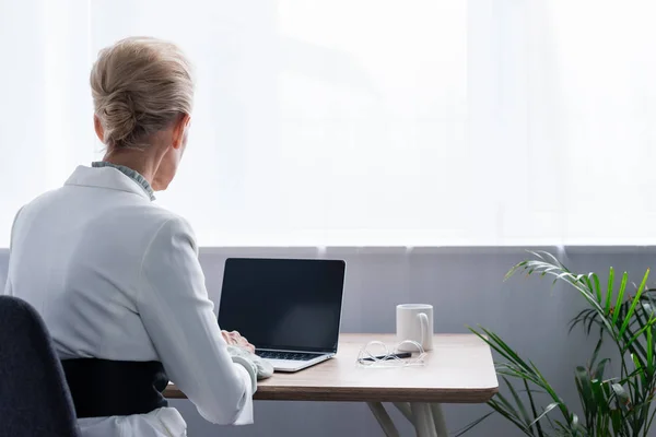 Rückseite der Senior-Geschäftsfrau mit Laptop mit leerem Bildschirm im Büro — Stockfoto