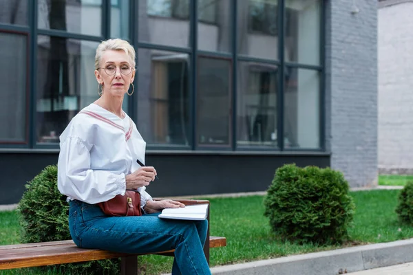 Mujer mayor escribiendo en el diario mientras está sentado en el banco en el parque - foto de stock