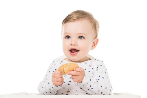 Lächelnder kleiner Junge mit Keksen im Hochstuhl auf weißem Hintergrund — Stockfoto