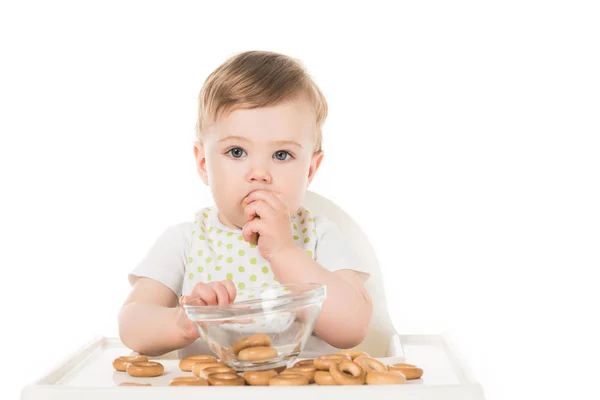 Adorable baby boy eating bagels in highchair isolated on white background — Stock Photo