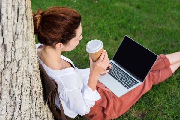 Vista de ángulo alto de la mujer joven que trabaja con el ordenador portátil mientras está sentado en la hierba con una taza de papel de café - foto de stock