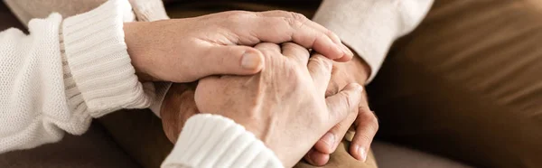 Панорамный снимок пожилых мужчин и женщин, держащихся за руки — стоковое фото