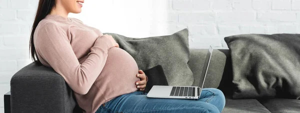 Панорамный снимок улыбающейся беременной женщины, проходящей онлайн-консультацию с врачом на ноутбуке дома — стоковое фото
