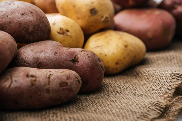 Batatas cruas orgânicas em pano de saco rústico marrom — Fotografia de Stock