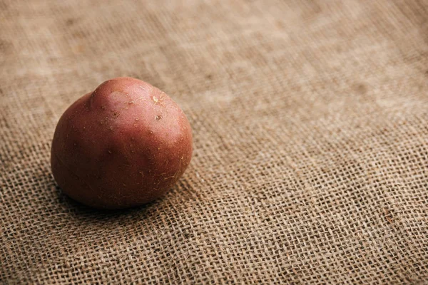 Vista de perto da batata crua orgânica em pano de saco rústico marrom — Fotografia de Stock