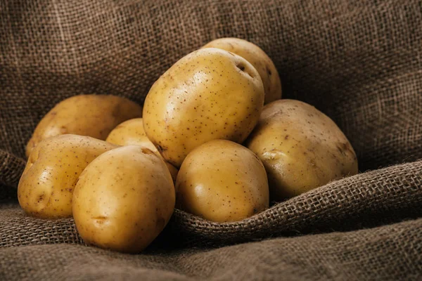 Organic raw potatoes on brown sackcloth — Stock Photo