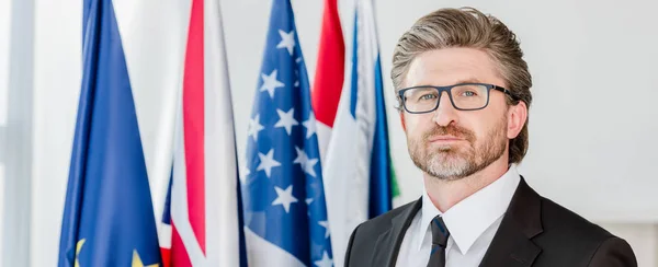 Panoramic shot of handsome diplomat in glasses looking at camera near flags — Stock Photo