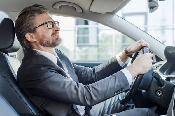 Embajador barbudo sosteniendo el volante mientras conduce el coche - foto de stock