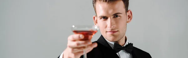 Panoramic shot of handsome man in suit with bow tie holding glass with drink isolated on grey — Stock Photo