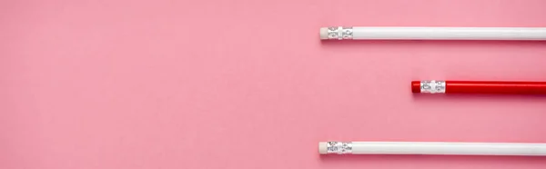 Panoramic shot of erasers on pencils isolated on pink — Stock Photo