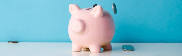 Panoramaaufnahme fallender Silbermünzen in der Nähe eines rosafarbenen Sparschweins auf blauem Grund — Stockfoto