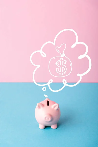 Piggy bank near thought bubble with money bag on pink and blue — Stock Photo