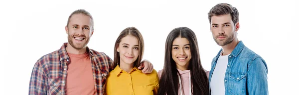 Amigos multiculturales felices abrazando aislado en blanco, plano panorámico — Stock Photo