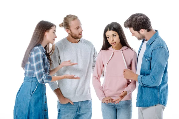 Grupo de apoio conversando com a menina americana africana isolado em branco — Fotografia de Stock