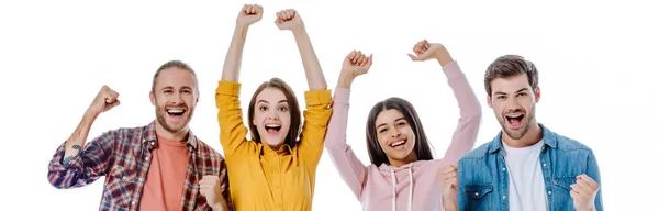 Happy multicultural friends showing yeah gesture isolated on white, panoramic shot — Stock Photo