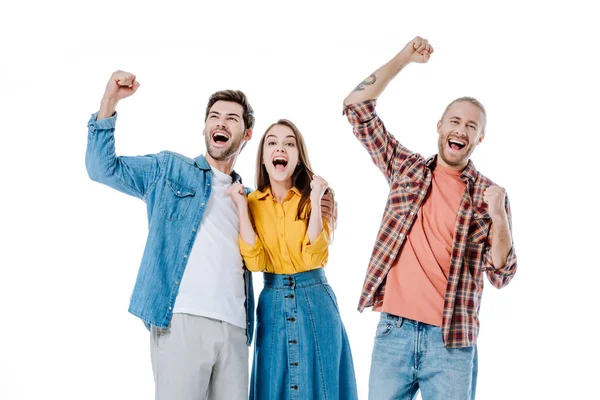 Happy young friends showing yes gesture isolated on white — Stock Photo