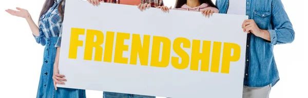 Vista recortada de amigos sosteniendo pancarta con letras amarillas de amistad aisladas en blanco, plano panorámico - foto de stock