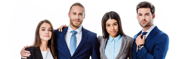 Smiling multicultural business people in suits hugging isolated on white, panoramic shot — Stock Photo