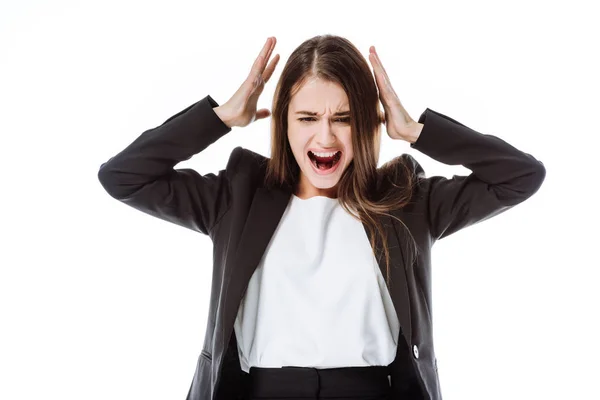 Mujer de negocios enojado en traje gritando aislado en blanco - foto de stock