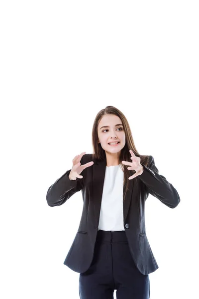 Angry businesswoman in suit gesturing isolated on white — Stock Photo
