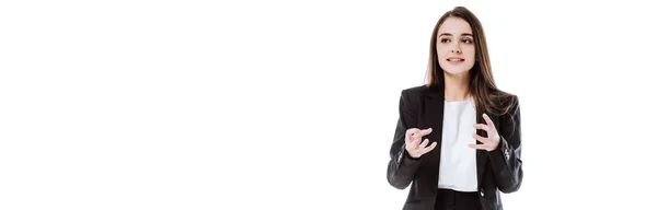 Irritated businesswoman in suit gesturing isolated on white, panoramic shot — Stock Photo