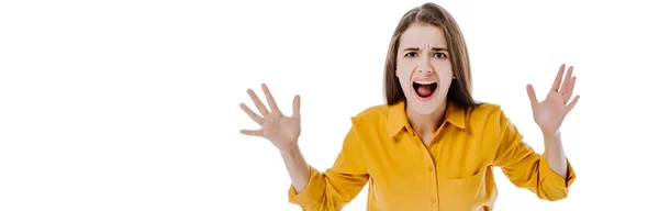 Angry attractive girl yelling isolated on white, panoramic shot — Stock Photo