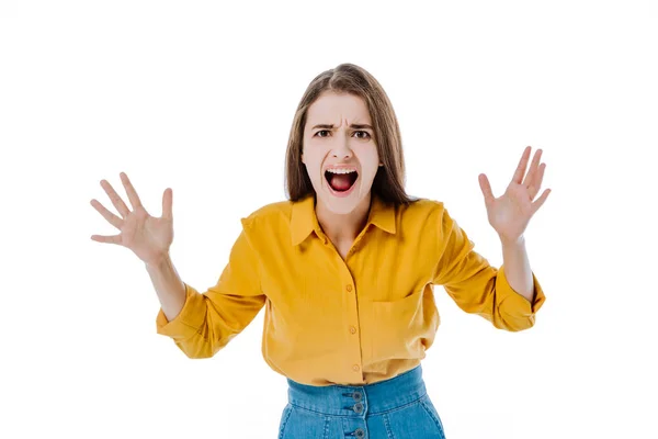 Angry attractive girl yelling isolated on white — Stock Photo