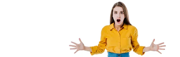 Shocked attractive girl with open mouth isolated on white, panoramic shot — Stock Photo