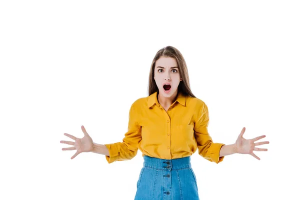 Shocked attractive girl with open mouth isolated on white — Stock Photo