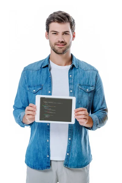 KYIV, UKRAINE - 12 AOÛT 2019 : homme souriant en chemise denim tenant une tablette numérique avec JavaScript page isolée sur blanc — Photo de stock