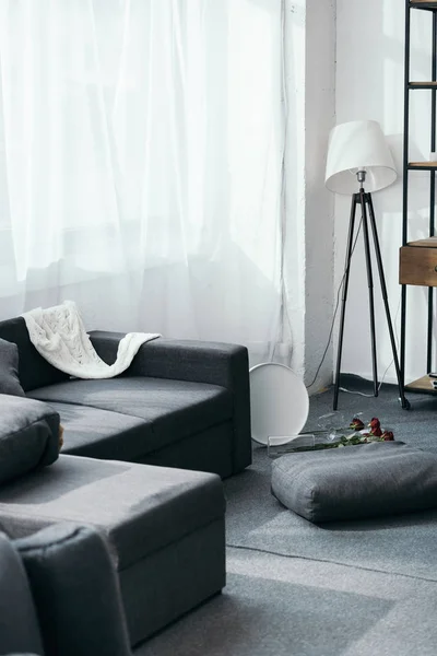 Graues Sofa, Blumen und Kissen in geraubter Wohnung — Stockfoto