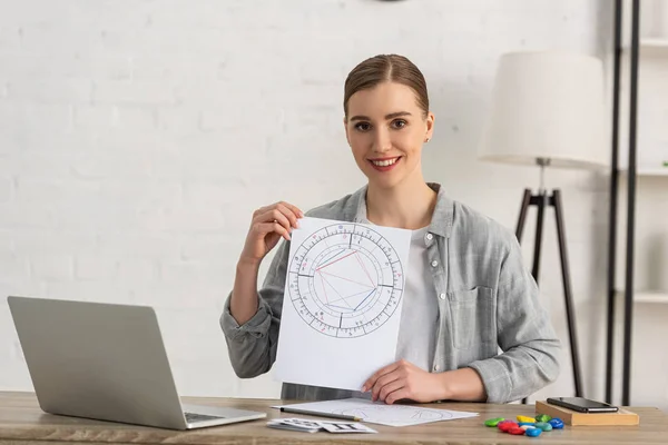 Astrologo sorridente che mostra grafico natale con carte con segni zodiacali, laptop e libro sul tavolo — Foto stock