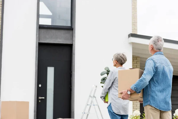 Mature man holding box and woman holding plant near new house — Stock Photo