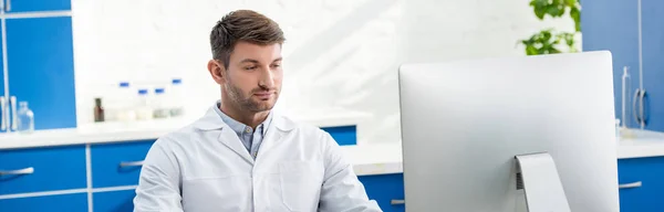 Tiro panorâmico de nutricionista molecular olhando para o computador em laboratório — Fotografia de Stock