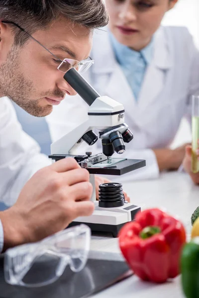 Foyer sélectif du nutritionniste moléculaire en utilisant le microscope en laboratoire — Photo de stock