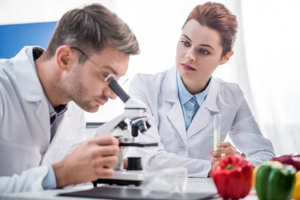 Foco seletivo do nutricionista molecular segurando tubo de ensaio e olhando para seu colega com microscópio — Fotografia de Stock