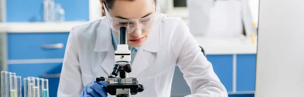 Tiro panorâmico de nutricionista molecular usando microscópio em laboratório — Fotografia de Stock