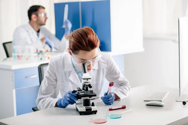 Selective focus of genetic consultant holding test tubes and using microscope in lab — Stock Photo