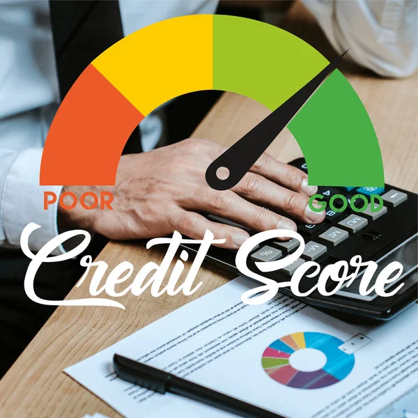 Cropped view of trader using calculator near credit score letters — Stock Photo