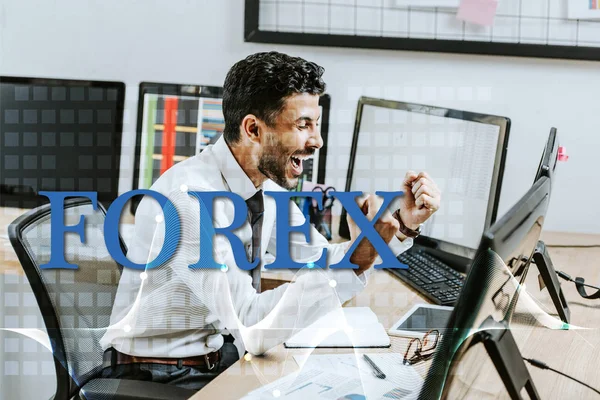 Happy bi-racial trader showing yes gesture near forex letters — Stock Photo