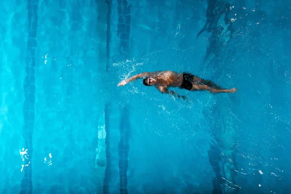 Blick von oben auf gut aussehende Schwimmerin beim Rückenschwimmen im Schwimmbad — Stockfoto