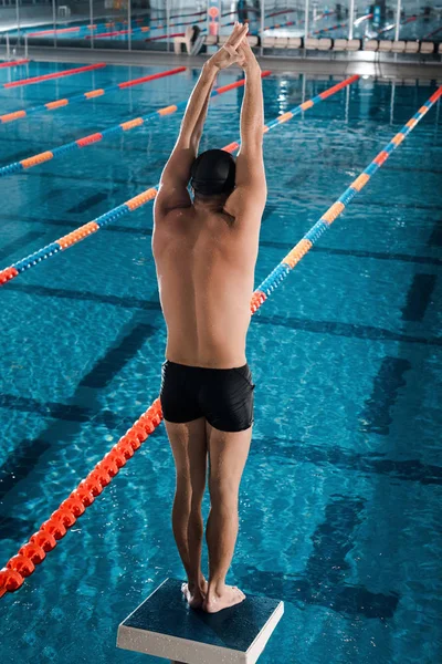 Vista traseira do nadador atlético de pé com as mãos acima da cabeça perto da piscina — Fotografia de Stock