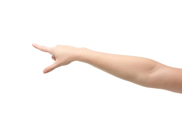 Cropped view of woman pointing with finger isolated on white — Stock Photo