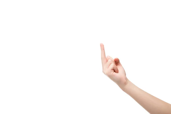 Abgeschnittene Ansicht einer Frau, die den Mittelfinger isoliert auf Weiß zeigt — Stockfoto
