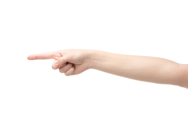 Vista recortada de la mujer señalando con el dedo aislado en blanco - foto de stock