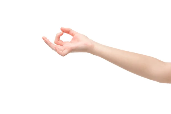 Recortado vista de la mujer mostrando ok gesto aislado en blanco - foto de stock