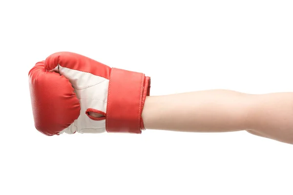 Обрезанный вид женщины в боксерской перчатке, изолированной на белом — стоковое фото