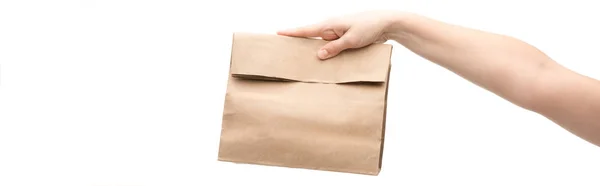 Panoramic shot of woman holding paper bag isolated on white — Stock Photo